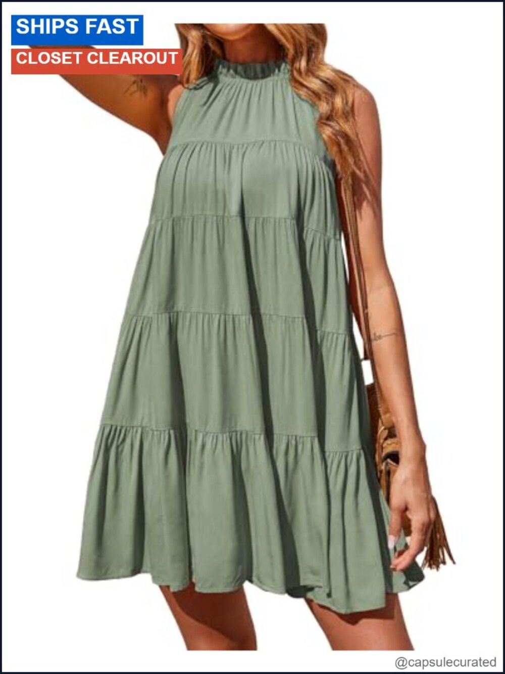 Womens Sleeveless Halter Neck Mini Sundress Babydoll A Line Ruffle Tiered